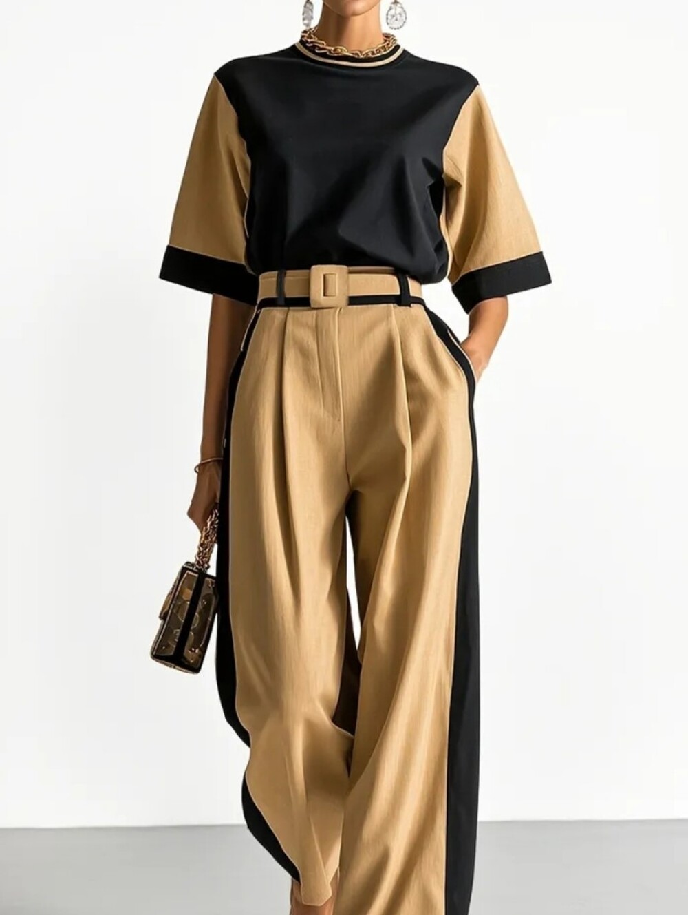 Black & Brown Color-Block Short-Sleeve Waist-Cinched Top + High-Waisted Drape Wi